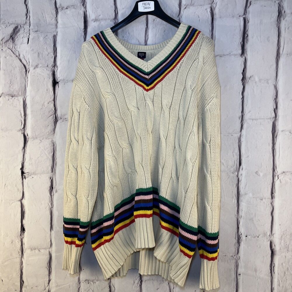 USED ROWING BLAZERS X TARGET Cream CROQUET Stripe CABLE Knit V Neck SWEATER XL